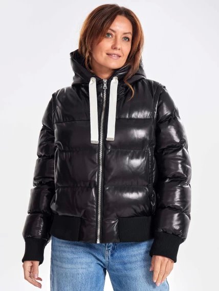 Утепленная стеганная кожаная куртка с капюшоном премиум класса для женщин 3077, черный, размер 46, артикул 23890-3