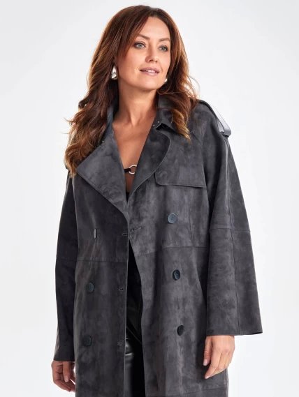 Замшевое двубортное женское пальто френч премиум класса 3070з, темно-серое, размер 44, артикул 63370-6